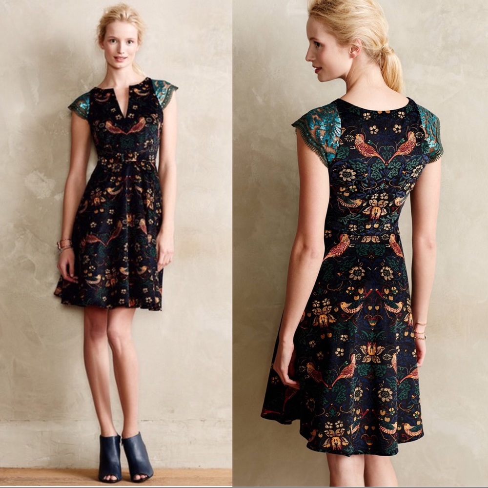 Eva Franco • Anthropologie Larksong dress birds floral print sequin